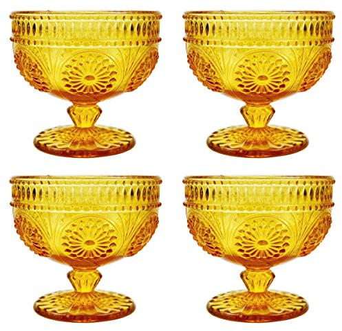 CHOOLD Vintage Sunflower Embossed Glass Footed Dessert Ice Cream Trifle Salad Candy Cake Bowl for Home Party Wedding - 9 oz, Yellow, Set of 4