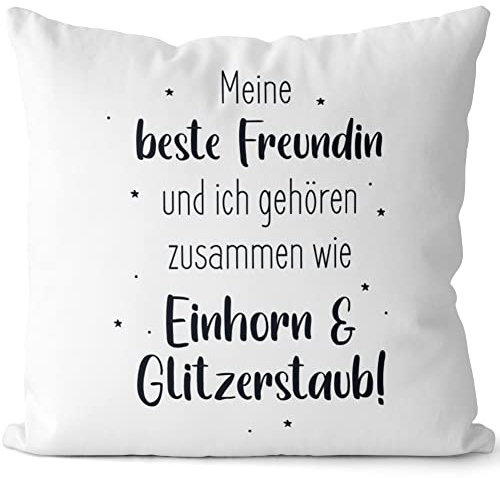 JUNIWORDS Kissen, Meine Beste Freundin und ich gehören zusammen wie Einhorn & Glitzerstaub!, Weiß-Hellbraun, 2-farbig (1008693)