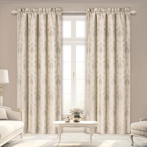 TOPLUXE Blickdichte Vorhänge, Damastvorhänge Thermovorhang Hitzeschutz Verdunklungsvorhänge für Fenster 132x213cm, 2er Set Gardinen mit Raffhalter (Beige)