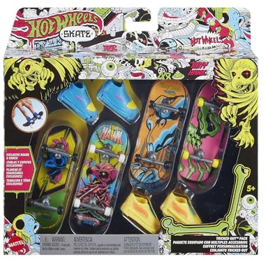 Hot Wheels Skate Tony Hawk Squelettes Fluorescents Coffret de 4 fingerboards et Chaussures de Skate Amovibles conçu en Collaboration avec Tony Hawk, HPG23