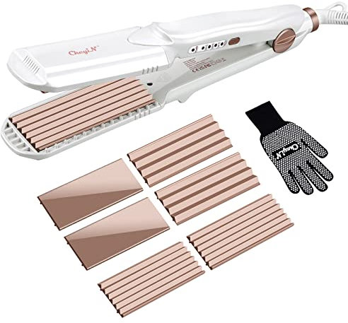 CkeyiN Hair Crimper, Professional Crimping Iron and Straighter with 3 Interchangeable Ceramic Plates for Fluffy Hairstyle, Corn, Perm, Waves, Straight Heat Resistant Glove Adjustable Temperature