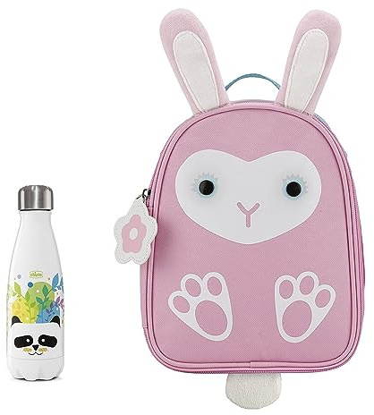 Chicco Borsa Porta Merenda Coniglio e Tazza Inox Panda, Pratico Kit Composto da Portapappa Termico, Forma Coniglio e Tazza Inox Panda, 350 ml, Apertura e Chiusura Ermetica, 2 Anni +