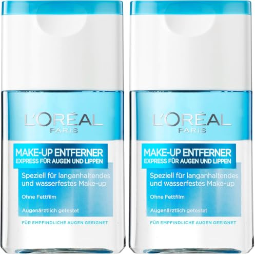 L'Oréal Paris Make-Up Entferner, Gesichtsreinigung speziell für langanhaltendes und wasserfestes Augen- und Lippen Make-up, Für empfindliche Augen geeignet, 1 x 125ml (Packung mit 2)