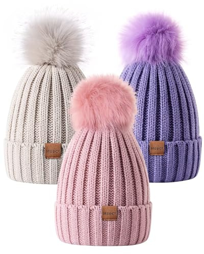 MSDC Lot de 3 bonnets pour femme avec pompon - Tendance - Tricotés - Chauds - Tête de mort - Pour temps froid