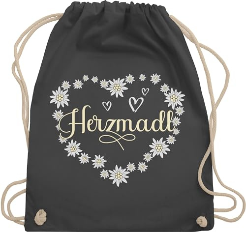 Turnbeutel Rucksack - Kompatibel mit Oktoberfest Tasche - Herzmadl Madel Madl Mädel - Unisize - Dunkelgrau - trachtenrucksack bayrische beutel trachtentaschen bayrisch bag oktoberfest-tasche bayern
