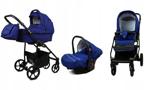 BabyLux® Kinderwagen Set 3in1 - Air - Sailor Blue - incl. Babywanne, Buggy Sportsitz, Auto-Babyschale - Autositz - Kinderwagenset - Kombikinderwagen mit Wickeltasche, Regenschutz usw.