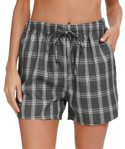 Lovasy Korta sovbyxor, dam, rutiga sovshorts med fickor och dragsko, pyjamasbyxor för kvinnor, sommar, korta pyjamasbyxor, G-mörkgrå-grön, M