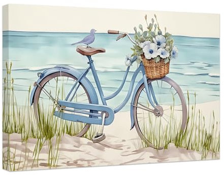 ZXHYWYM Blaues Fahrrad mit Blumen Wandbilder Strand Fahrrad Wanddekoration Fahrrad Blumen Leinwanddruck Ozeanküste Badezimmer Wanddekoration mit Rahmen (B (30.00 x 45.00 cms))