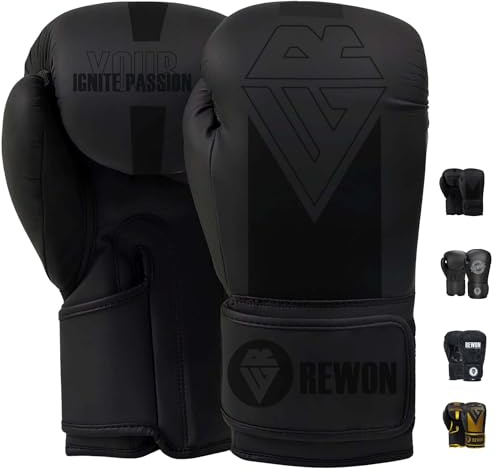 REWON Guantes de Boxeo, Kickboxing MMA Muay Thai Entrenamiento Guantes, Saco de Boxeo Guantes para Artes Marciales Sparring Hombres Mujeres 8oz-16oz (Negro, 10 oz)