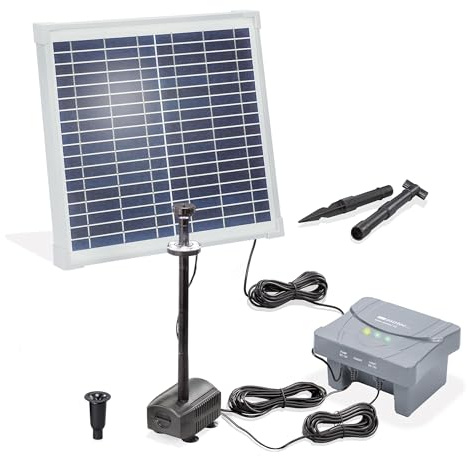 esotec Kit de pompe solaire pour bassin 15 550 LED, batterie LiFePo4, pompe d'arrosage 550/h, piquet de terre, panneau solaire 15 W, fontaine solaire de jardin, jeu d'eau, kit complet, extérieur