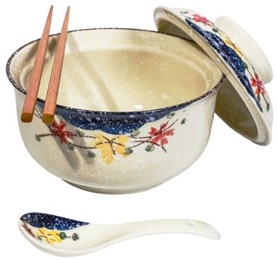 Juego de cuencos de cerámica para ramen de 800 ml con tapa, cuchara y palillos, cuencos de sopa grandes vintage japoneses, cuenco de fideos instantáneos, vajilla asiática (Color*1)