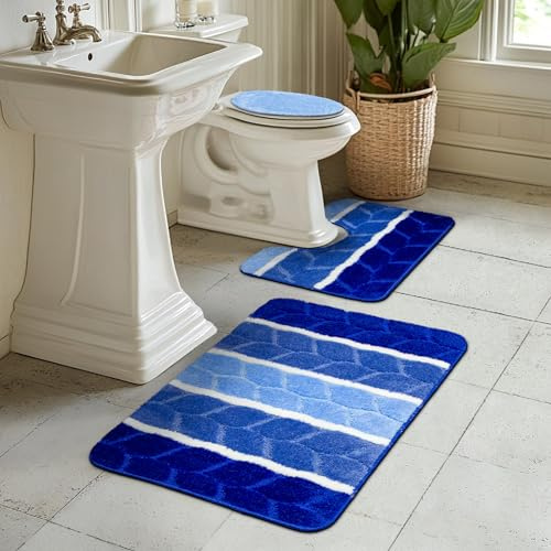 AKCILA Fano Blau Badteppich Set 3-teilig, Rutschfester , Rechteckig, Bunt, Badematten & Badteppiche, Badezimmerteppich , Bad Vorleger waschbar
