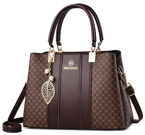 FOLOVEYA Damen Handtasche Elegante Schultertaschen Bedruckte Handtaschen Wasserdicht Frauen Umhängetaschemit Anhänger für Büro Einkauf Reisen PU Leder Braun