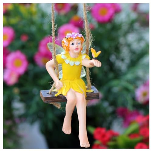 Sanmum Miniatur Feen auf Schaukel Figur, Feengarten Ornament aus Harz, Miniatur Garten Dekoration Blumentöpfe Figuren