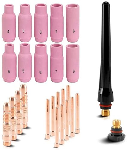 TIG Welding Torch Accessories Kit, 26 Pcs Wear Parts Gas Nozzles Ceramic Nozzles Tungsten Set with Clamping Sleeves Housing Ceramic Nozzles for Wp-17 18 26 TIG Welding Torch