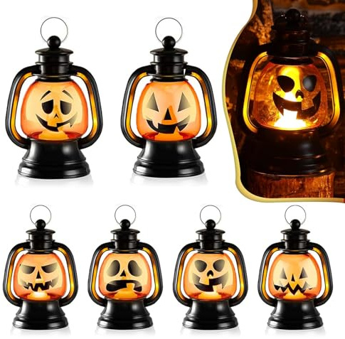 6 Stück Mini Halloween Deko Laterne LED,Halloween kürbis Laterne,Kleine Laterne Halloween Tischdeko,Halloween Deko Innen,Flammenlose Halloween Deko,Halloween Mini Laterne Outdoor mit LED Kerze