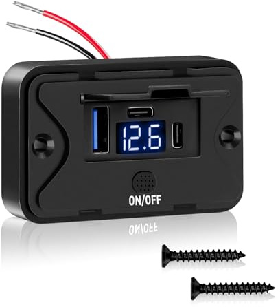 Daakro 72 W USB-laddningsuttag 12 V billaddare med voltmeter QC3.0 USB & Dual PD3.0 typ C mobiltelefon snabbladdare vattentät med strömbrytare för 12 V/24 V husvagn, bil, motorcykel, lastbil