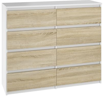 YUMEBLY Kommode 8 Schubladen Weiß- Sonoma 100,5x93x33,5cm | Schrank für Kleidung, Dokumente, kleine Gegenstände | Ideal für Schlafzimmer, Wohnzimmer, Kinderzimmer und Büro