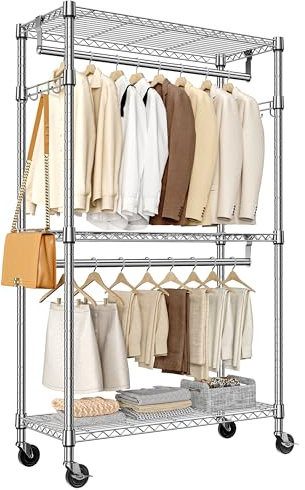M MZG Heavy Duty Rolling Garment Rack 3 Tiers Adjustable Wire Shelving Clothes Rack with 2 Rods and Side Hooks,Storage Closet Clothing Rack with Wheels Chrome 40 x 75 x 189.3 cm