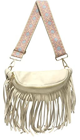 Handgefertigte Tasche Wildleder Fransen Crossbody Tasche Schultergurt Brusttasche Große Kapazität Sport Damen Hüfttasche Messenger Bag Messenger Bag Schulterpolster, beige, Einheitsgröße