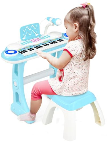 Maxmass 37 Keys Kids Piano Keyboard, Toddler Electric Piano with Stool, Microphone, Flashing Lights, Music Score, Record and Playback, Musical Instrument Electronic Keyboard for Boys Girls (Blue)