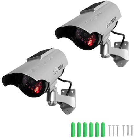 Twilight Garage 2 Packs Dummy Security Camera, Solar Powered Fake Surveillance Camera with Flash LED with Safety Warning Stickers, Dummy Bullet Simulated CCTV Camera for Indoor Outdoor Use - Silver