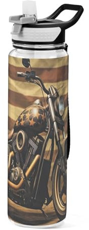 Grckit Vintage Motorcycle Flag Water Bottle 32oz Tritan BPA-free Leak-proof Sports Water Bottle with Carry Strap for Hiking Camping Gym Outdoors