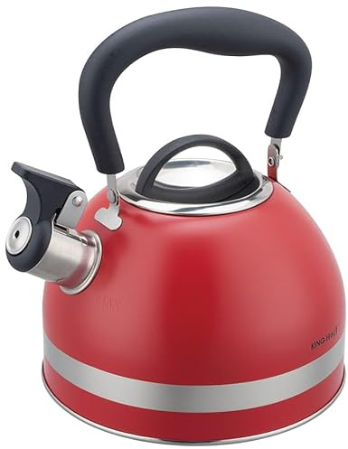 Kinghoff Wasserkessel 1.8L aus Edelstahl, Pfeifkessel Induktion, klein Flötenkessel, Teekessel mit Einklappgriff, Wasserkocher für alle Kochplatten, Kessel matt (Rot)