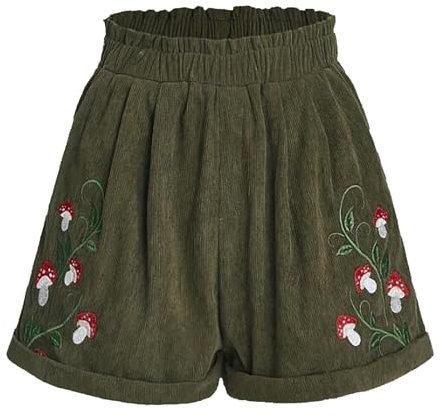 Generisch Damen Sommer Shorts Stickerei Corduroy Freizeitshort Weites Bein Lockere Kurze Hose Elastisch Bund Bequeme Stoffshorts Urlaub Strandshorts Mode Streetwear (Army Green, M)