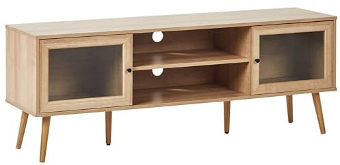 Mueble para TV con 2 Puertas de Vidrio Tablero de partículas Patas de Madera de Pino Madera Clara Albany
