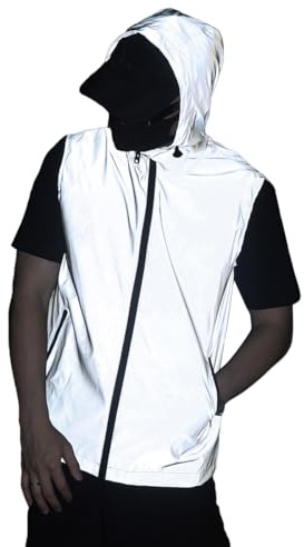 Brother Wang Reflective Hooded Vest, Full Zip Running Cycling, Hiking, Fishing, Dance Party Vest with Pockets, Sleeveless Jacket, Gray (MJ06-L)
