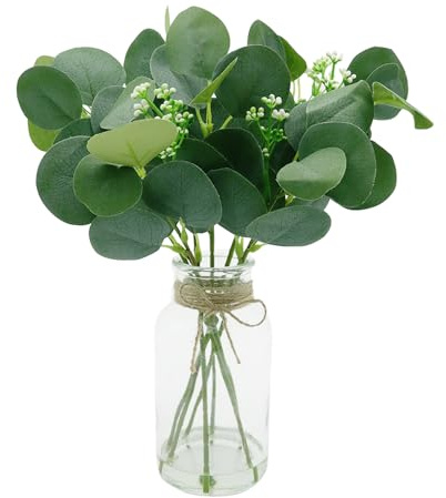Nexum Planta artificial de eucalipto decorativo en jarrón de cristal, 35 cm, planta artificial, dólar de plata, plantas falsas como decoración de mesa real, troncos de eucalipto, decoración para