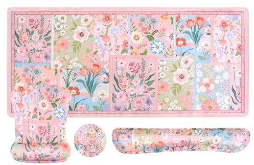 MOSISO Wrist Rest Support for Keyboard Mouse Pad Set, Spliced Flowers Large Mousepad&Keyboard and Mouse Pad&Coaster, Ergonomic Non-Slip Easy Typing Mousepad with Memory Foam for Home Office, Pink