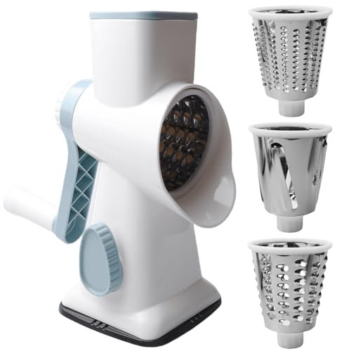 Rallador de queso con manivela, rallador manual con 3 cuchillas intercambiables, rallador de cocina de corte rápido, cortador de verduras manual, ideal para queso, rallador de verduras, rallador de
