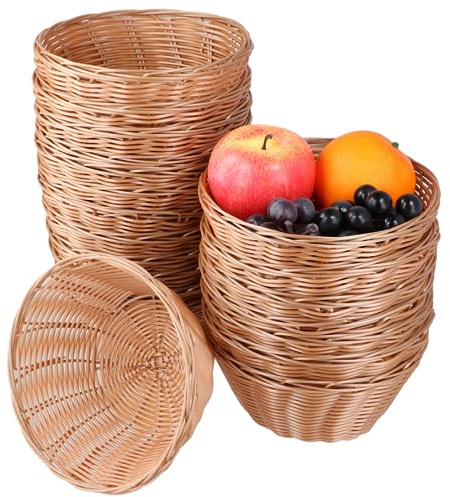 YOFAPA 20 Pcs Woven Bread Baskets, 7.1 Plastic Round Baskets for Fruits, Snacks, Vegetables, Small Gift Serving Basket, Food Storage Basket for Kitchen, Restaurant