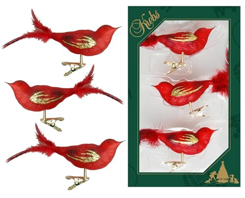 Krebs Glas Lauscha - Weihnachtsdekoration/Christbaumschmuck aus Glas - Vögel auf Clip - Farbe: rot transparent - 3 Stück - Größe: ca. 11 cm