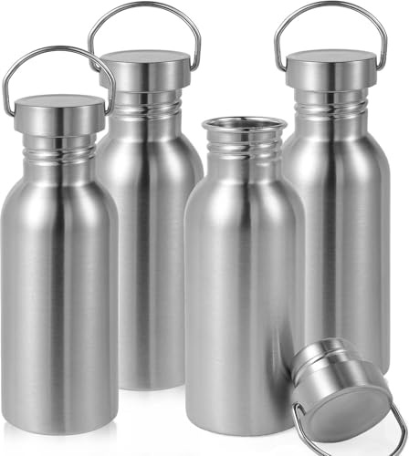 Volhoply 20oz Uninsulated Single Walled Water Bottle 4 Pack, Stainless Steel Reusable Water Bottles with Handle, BPA Free & Plastic Free 18/8 304 Metal Water Bottles for Camping, Hikers, Cyclists