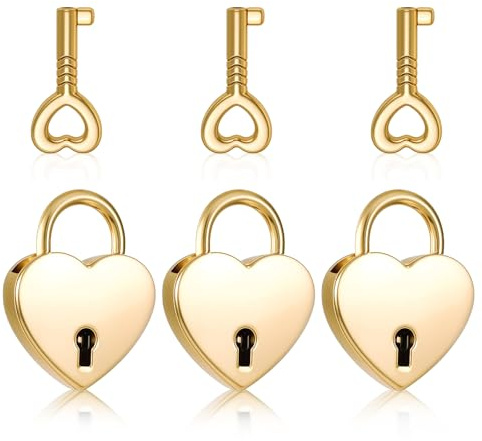 3er Set Niedliche Herz Vorhängeschlösser mit 3 Schlüsseln Romantisches Metallschloss in Gold für Schmuckboxen Handtaschen Tagebücher witterungsbeständig Paare Hochzeiten Jahrestage als Liebesbeweis