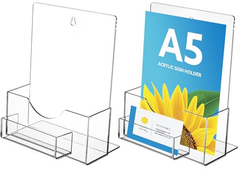 Thboxes A5 Leaflet Holder with Business Card Holder, 2 Pack with Hanging Hole Acrylic Brochure Freestanding Booklet Flyer Stand for Office Restaurants Reception