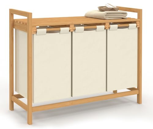 IDMarket - Panier à Linge 3 bacs Bambou BEA Tissu écru