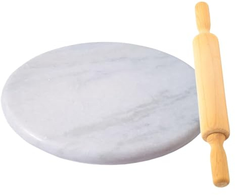 Harmony White Marble Roti Maker, 9 Inch Round Chakla Board with wooden Rolling Pin