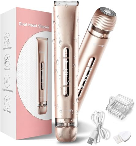 Bikini-Trimmer für Damen, Damenrasierer für Frauen, 2-in-1 Nass- und Trockenanwendung, schmerzfreier Körperhaarschneider für Gesicht, Beine, Achselrasierer, Rasierer, wiederaufladbar, IPX7 wasserdicht