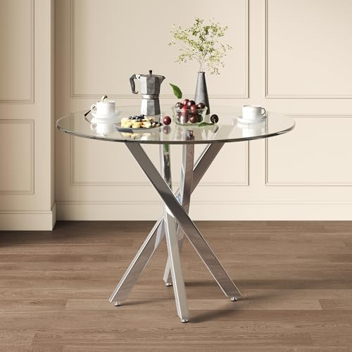 YuQozii 80 x 80 x 75, mesa de comedor redonda, mesa de cristal templado, patas galvanizadas, mesa de café, estilo minimalista moderno, plata