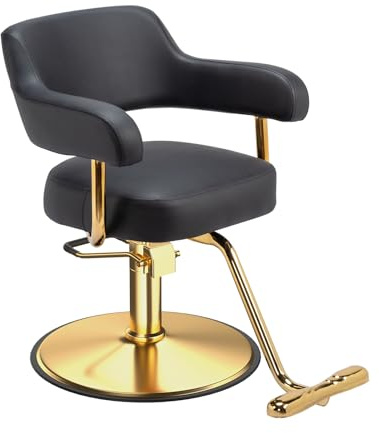Bonnlo Friseurstuhl höhenverstellbar 83-98 cm, Barber Stuhl 360°Drehbar & 150 kg Tragkraft, Friseur Stuhl mit Fußauflage & offnener Rückenlehne, Barberstuhl aus PVC-Leder (Schwarz-Gold, 49x48x98 cm)