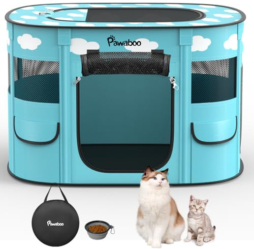 Pawaboo Parque para Mascotas Portátil, Jaula de Mascotas Perros Plegable de Oxford Impermeable con Bolsa de Transporte y Cuenco Plegable, Valla para Mascotass Conejos y Gatos, L, Azul + Nubes Blancas