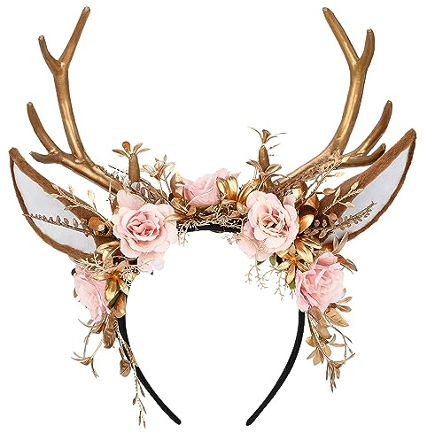 MOSTORY Geweih Kopfschmuck Antlers Headband mit Ohren für Faschingskostüme Damen, Renaissance Wald Blumenwald Krone Haarban für Cosplay Karneval