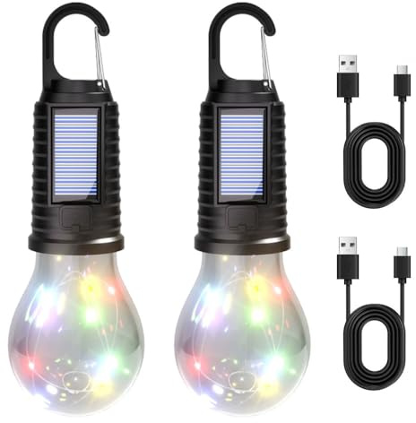 Solar Campinglaterne, 2 Stück Bunte LED Zeltlichter, USB-wiederaufladbar, Wasserdicht Solar-Glühbirne mit Hakendesign für Wandern, Trekking, Weihnachtsdekoration