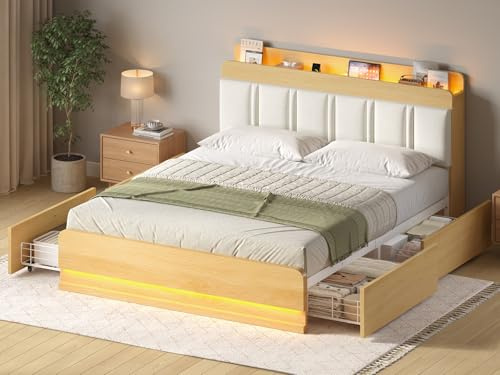 KIMENICH Bett 140x200 cm, Doppelbettgestell, Metallbett 140x200 cm mit LED-Beleuchtung, Stauraumbett mit 4 Schubladen, Ladestation, Gepolstertes Holzkopfteil mit Stauraum, Weiß + Natur