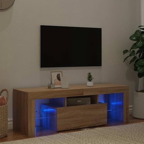 GeenYuu Meuble TV avec lumières LED, chêne Sonoma, 120 x 35 x 40 cm, design en bois robuste, éclairage RVB pour salon, support TV universel polyvalent