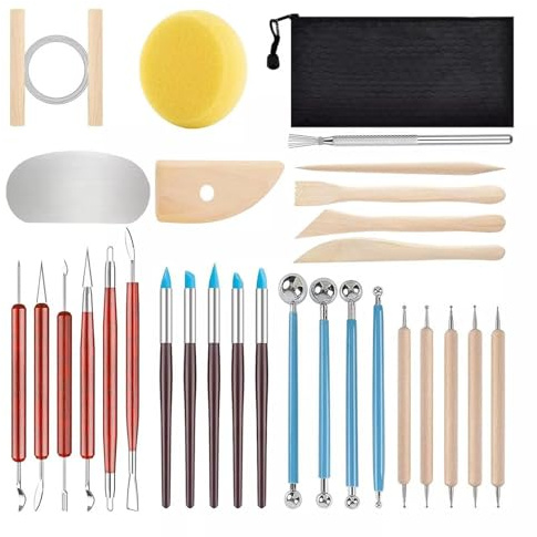 Suntova 30er Stücke Töpferwerkzeug, Modellier-Werkzeug für Ton, Sculpting Werkzeug,Geeignet für Anfänger,Skulptur und Kuchen Design mit Aufbewahrungsbeutel (30PCS)